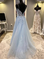 Party Dresses On Sale, Blue Spaghetti Strap Tulle Long Prom Dress with Lace, A-Line Evening Party Dress