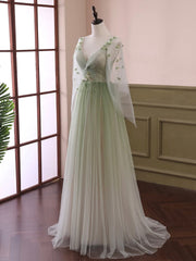 Homecoming Dress, Light Green Tulle Long Sleeve Prom Dress, Green Gradient Floor Length Evening Dress