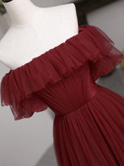 Formal Dresses With Tulle, Burgundy Tulle Floor Length Prom Dress, Simple A-Line Evening Party Dress