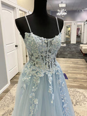 Party Dress Store, Blue Spaghetti Strap Tulle Long Prom Dress with Lace, A-Line Evening Party Dress