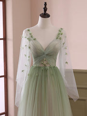 Satin Dress, Light Green Tulle Long Sleeve Prom Dress, Green Gradient Floor Length Evening Dress