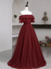 Formal Dresses Homecoming, Burgundy Tulle Floor Length Prom Dress, Simple A-Line Evening Party Dress