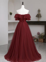 Formal Dress Homecoming, Burgundy Tulle Floor Length Prom Dress, Simple A-Line Evening Party Dress