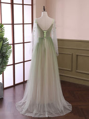 Wedding Guest Outfit, Light Green Tulle Long Sleeve Prom Dress, Green Gradient Floor Length Evening Dress