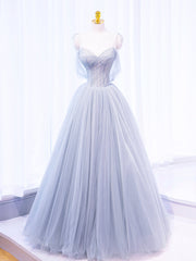 Prom Dress Stores Near Me, Gray Spaghetti Strap Tulle Long Prom Dress, Gray A-Line Evening Party Dress