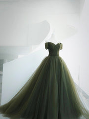 Prom Dress Mermaid, Green Tulle Long Prom Dress, A-Line Off Shoulder Evening Dress