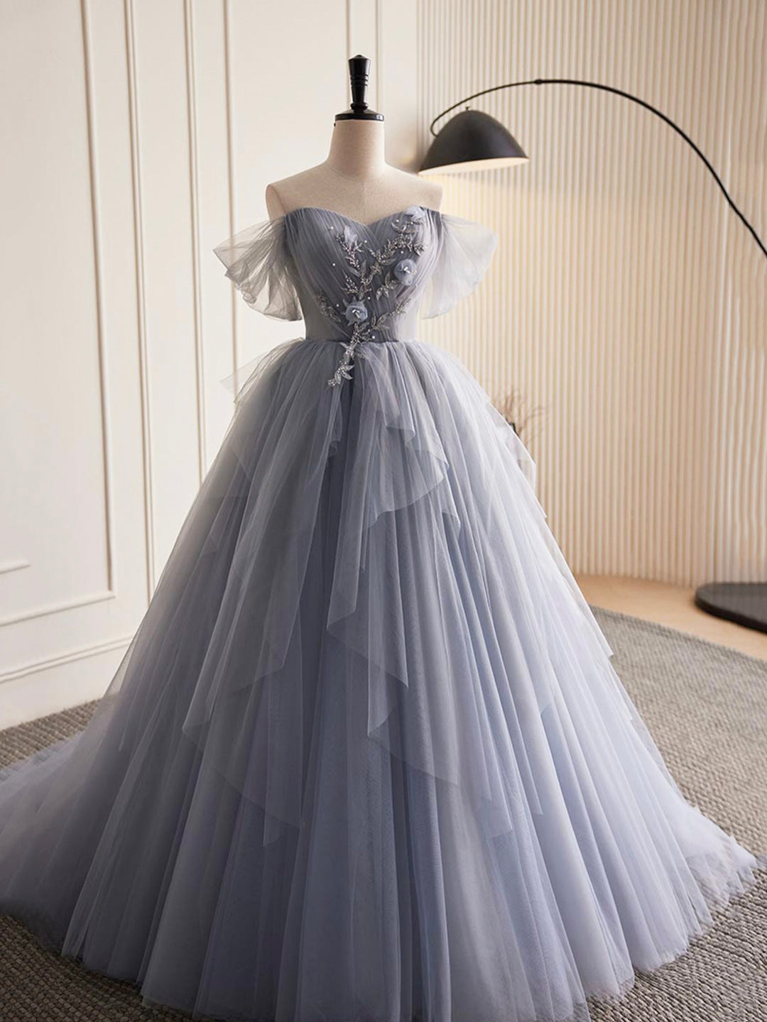 Prom Dress Affordable, Gray Tulle Long A-Line Prom Dress, Off Shoulder Evening Dress Party Dress