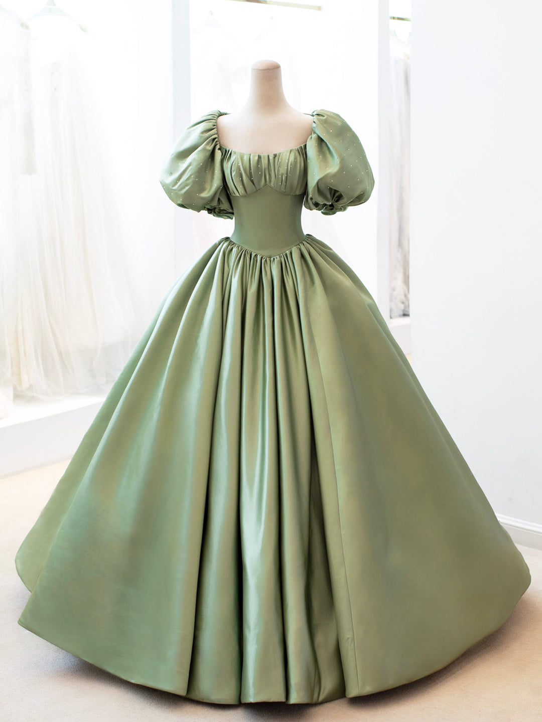 Prom Dresses Long Elegant, Green Satin Formal Evening Gown with  Puff Sleeve, A-Line Long Prom Dress