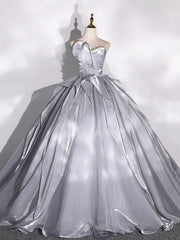 Prom Dresses For Short Girls, Gray Strapless Tulle Long Ball Gown, A-Line Evening Dress Formal Dress