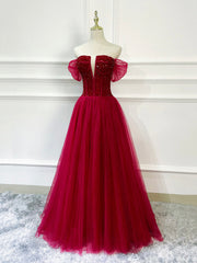 Formal Dress Ballgown, Burgundy Tulle Beaded Long Formal Dress, Off Shoulder Evening Party Dress