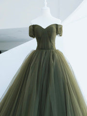 Prom Dress Shiny, Green Tulle Long Prom Dress, A-Line Off Shoulder Evening Dress