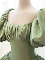 Prom Dress Long Elegent, Green Satin Formal Evening Gown with  Puff Sleeve, A-Line Long Prom Dress