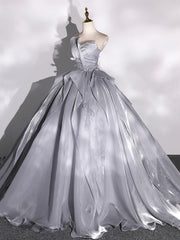 Prom Dresses For Short Girl, Gray Strapless Tulle Long Ball Gown, A-Line Evening Dress Formal Dress