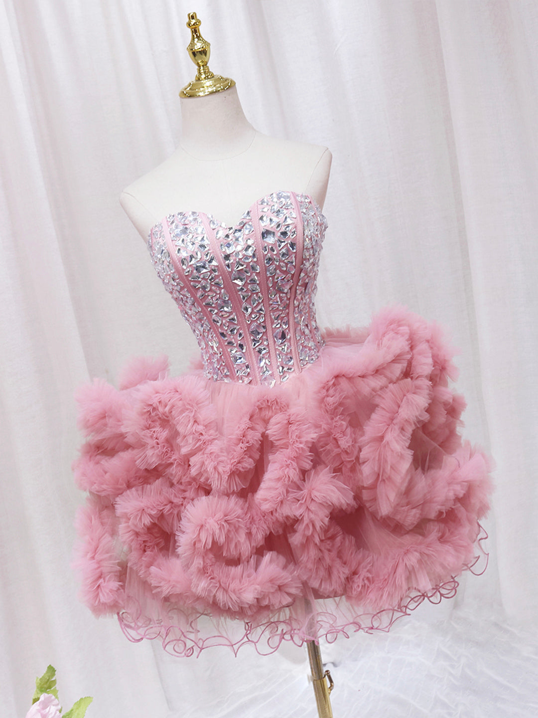 Bridesmaid Dresses Quick Shipping, Pink Sweetheart Neckline Tulle Short Prom Dress with Rhinestones, Cute Party Dress