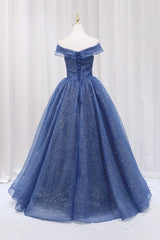 Small Wedding Ideas, Blue Off the Shoulder Long Party Dress Evening Gown, Blue Junior Prom Dress