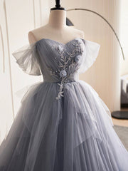 Prom Dress Vintage, Gray Tulle Long A-Line Prom Dress, Off Shoulder Evening Dress Party Dress