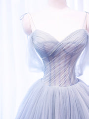 Prom Dresses Brand, Gray Spaghetti Strap Tulle Long Prom Dress, Gray A-Line Evening Party Dress