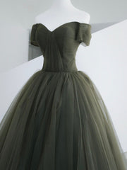 Prom Dresses Mermaide, Green Tulle Long Prom Dress, A-Line Off Shoulder Evening Dress