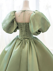 Prom Dress Long Elegant, Green Satin Formal Evening Gown with  Puff Sleeve, A-Line Long Prom Dress