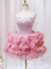 Bridesmaid Dresses Beach Weddings, Pink Sweetheart Neckline Tulle Short Prom Dress with Rhinestones, Cute Party Dress