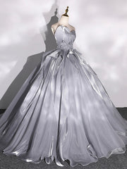 Prom Dress For Girl, Gray Strapless Tulle Long Ball Gown, A-Line Evening Dress Formal Dress