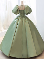 Prom Dresses Silk, Green Satin Formal Evening Gown with  Puff Sleeve, A-Line Long Prom Dress