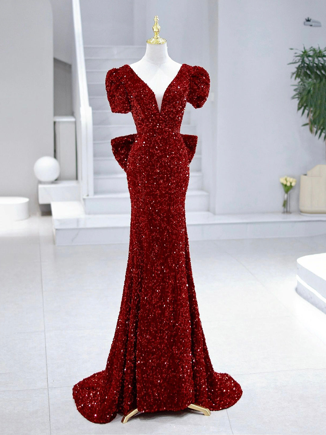 Bridesmaid Dresses Color, Mermaid Sequins Long Prom Dress, Burgundy V-Neck Evening Dress