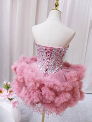 Bridesmaids Dresses Beach Wedding, Pink Sweetheart Neckline Tulle Short Prom Dress with Rhinestones, Cute Party Dress