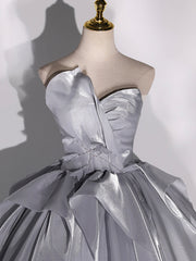 Prom Dress For Short Girl, Gray Strapless Tulle Long Ball Gown, A-Line Evening Dress Formal Dress