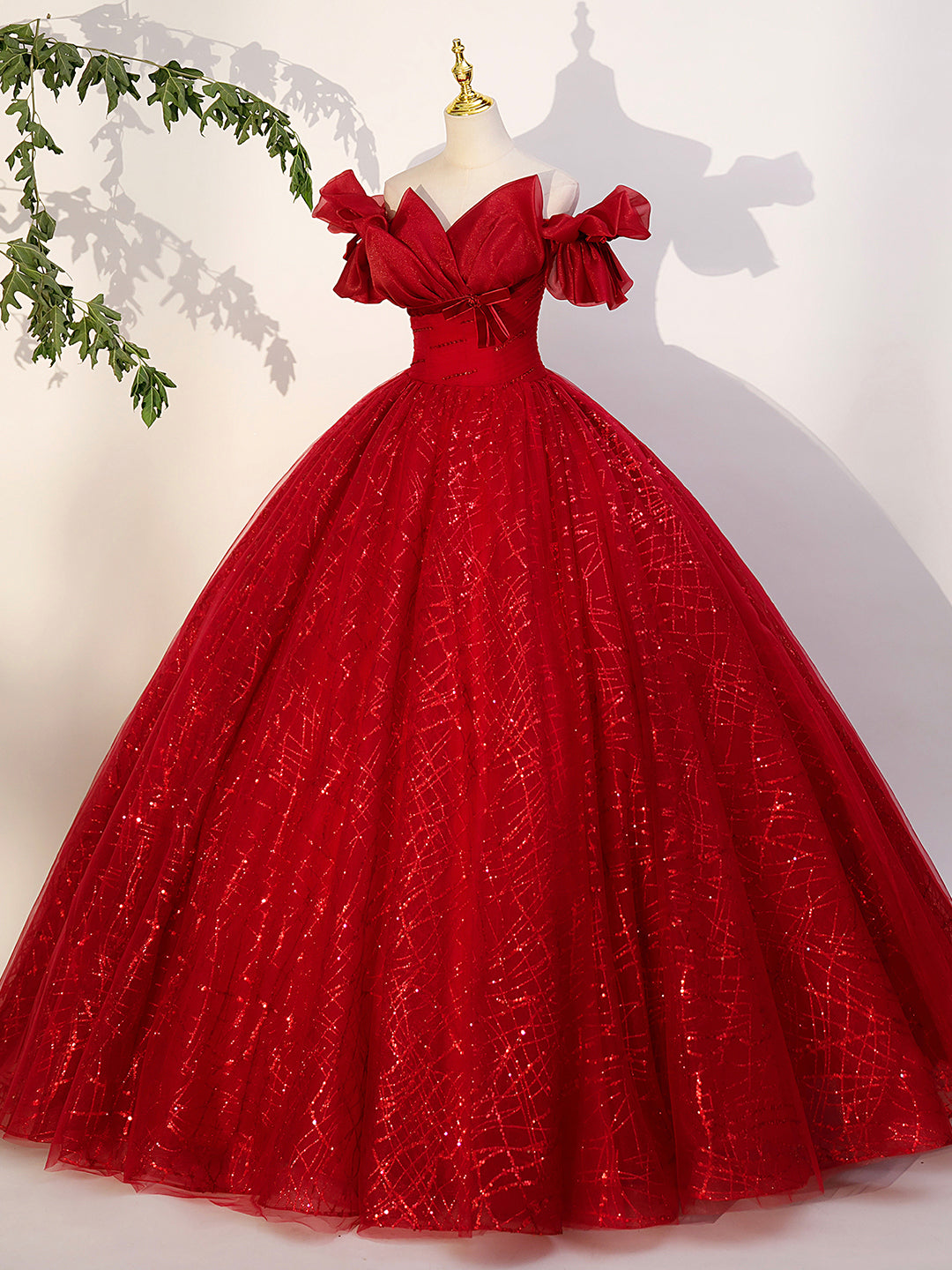 Party Dresses On Sale, Red Tulle Long A-Line Ball Gown, Red Off Shoulder Formal Dress