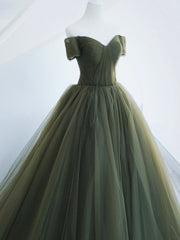 Prom Dress Chicago, Green Tulle Long Prom Dress, A-Line Off Shoulder Evening Dress