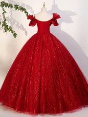 Party Dresses Formal, Red Tulle Long A-Line Ball Gown, Red Off Shoulder Formal Dress