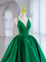 Prom Dresses Dark Blue, Green V-Neck Satin Short Prom Dress, A-Line Green Evening Dress