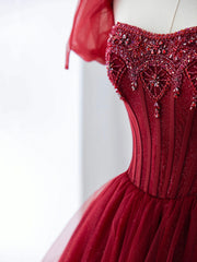 Formal Dress Winter, Burgundy Tulle Beaded Long Prom Dress, A-Line Formal Evening Dress