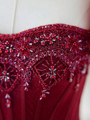 Formal Dress For Winter, Burgundy Tulle Beaded Long Prom Dress, A-Line Formal Evening Dress