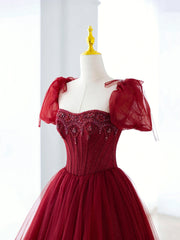 Formal Dresses Winter, Burgundy Tulle Beaded Long Prom Dress, A-Line Formal Evening Dress