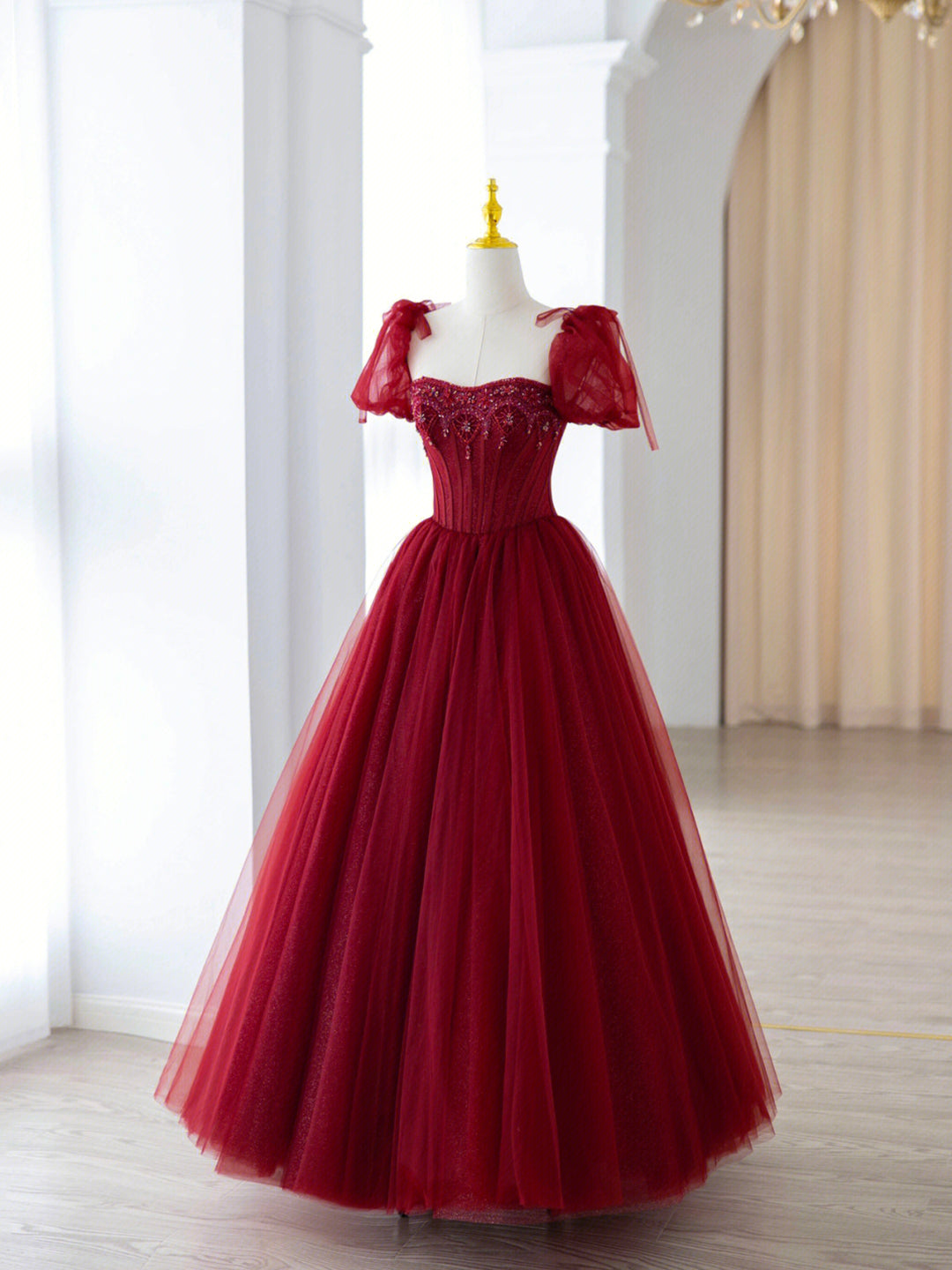 Formal Dress Boutique, Burgundy Tulle Beaded Long Prom Dress, A-Line Formal Evening Dress