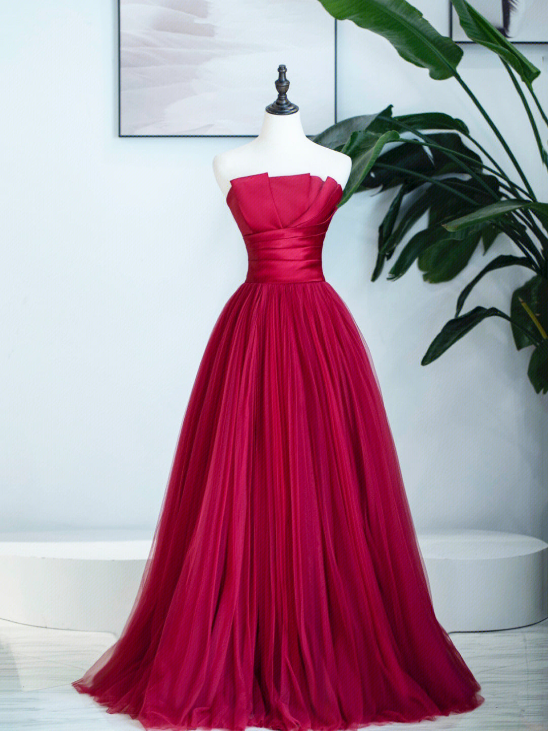 Formal Dress Long Gowns, Burgundy Strapless Tulle Prom Dress, Burgundy Long Formal Dress