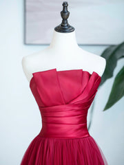 Formal Dresses Long Gowns, Burgundy Strapless Tulle Prom Dress, Burgundy Long Formal Dress