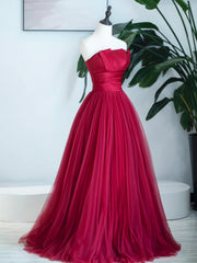 Formal Dress Boutiques Near Me, Burgundy Strapless Tulle Prom Dress, Burgundy Long Formal Dress