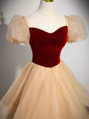 Prom Dresses 2023, Cute Velvet Tulle Long Prom Dress, A-Line Short Sleeve Formal Dress