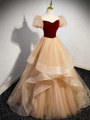 Prom Dresses A Line, Cute Velvet Tulle Long Prom Dress, A-Line Short Sleeve Formal Dress