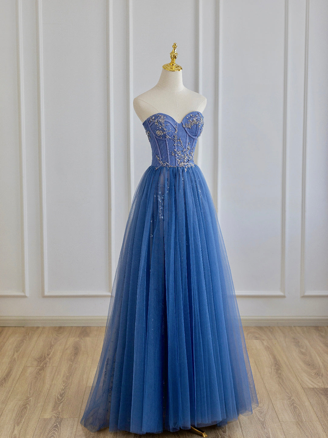 Party Dresses For Teen, Blue Strapless Tulle Long Prom Dress with Beaded, A-Line Evening Formal Dress