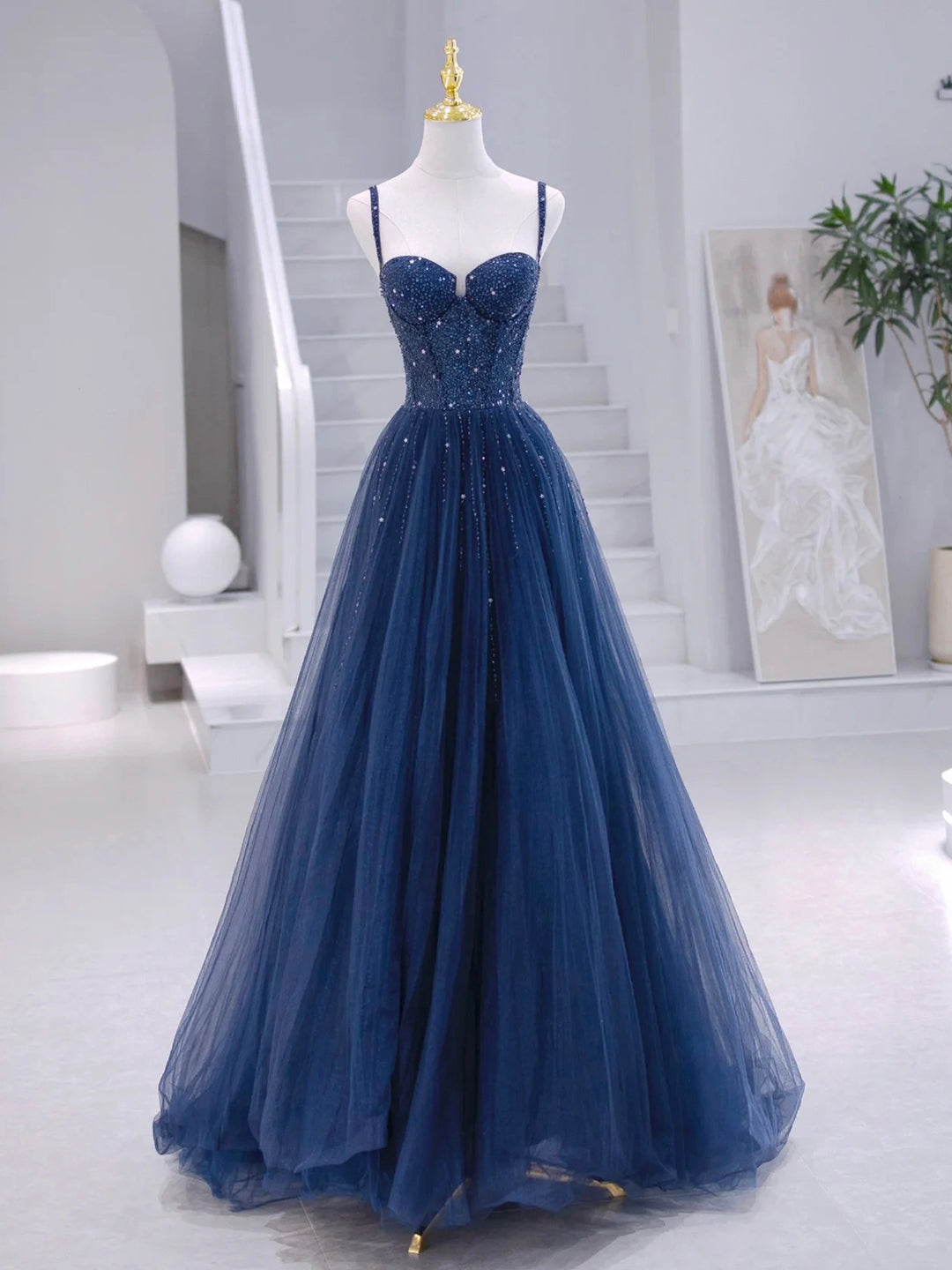 Party Dress Online Shopping, Blue Tulle Beaded Long Formal Dress, Blue Evening Dress