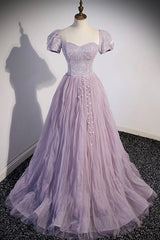 Bridesmaid Dresses Velvet, Purple Tulle Sequins Floor Length Prom Dress, A-Line Evening Party Dress