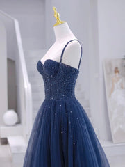 Party Dresses Weddings, Blue Tulle Beaded Long Formal Dress, Blue Evening Dress