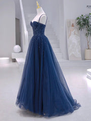 Party Dresses Wedding, Blue Tulle Beaded Long Formal Dress, Blue Evening Dress