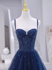 Party Dress Party Dress, Blue Tulle Beaded Long Formal Dress, Blue Evening Dress