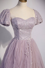 Prom Gown, Purple Tulle Sequins Floor Length Prom Dress, A-Line Evening Party Dress
