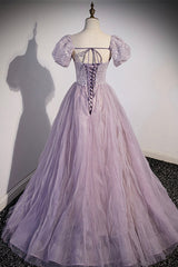 Flower Dress, Purple Tulle Sequins Floor Length Prom Dress, A-Line Evening Party Dress